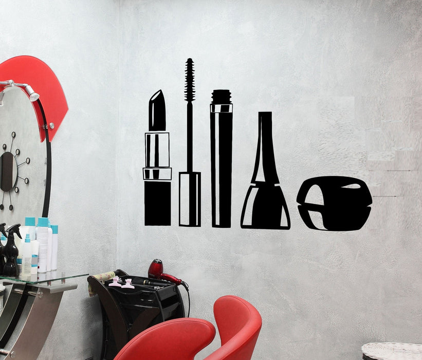 Vinyl Decal Wall Sticker Mascara Lipstick Cosmetics Makeup Girl Woman Decor for Beauty Salon Unique Gift (ig2423)