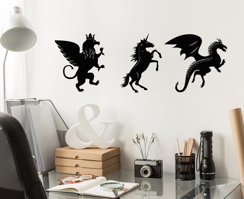Vinyl Wall Decal Heraldry Lion Dragon Unicorn Myth Animals Stickers Mural (g7807)