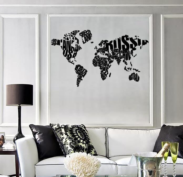 Wall Sticker World Map Made of Country Names Modern Cool Decor for Living Room Unique Gift (z1310)