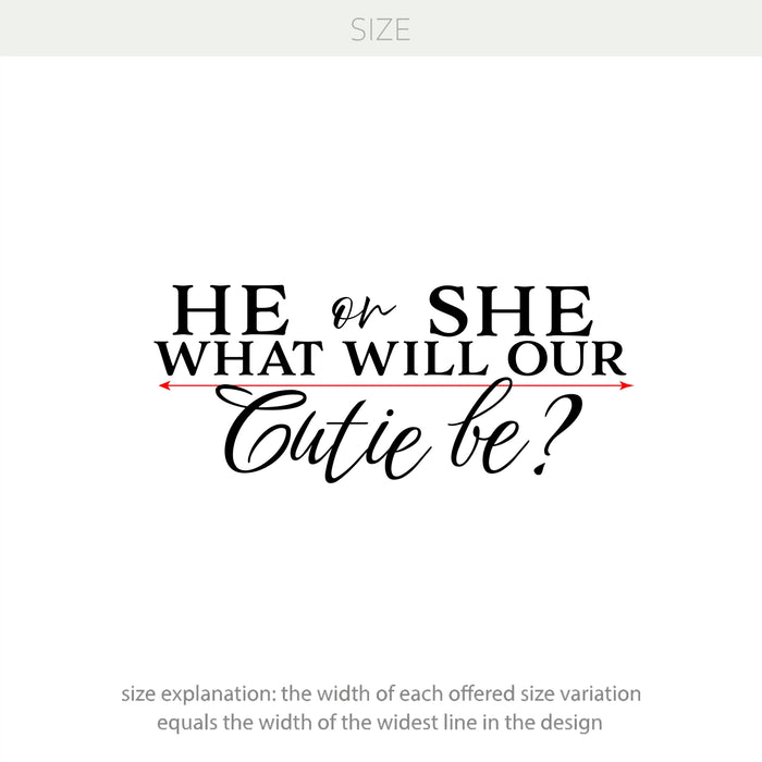 He or She, What Will Our Cutie Be? Vinyl Decal – Gender Reveal Party Decor Backdrop Decoration w036