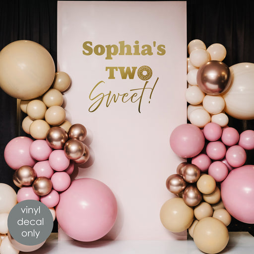 two sweet second birthday backdrop vinyl decal, gold name sticker