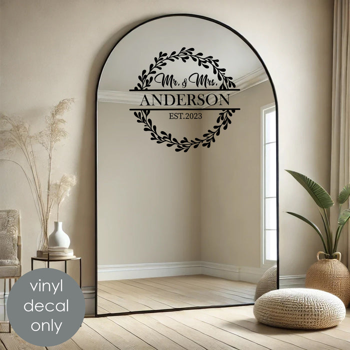 Mr. & Mrs. Personalized Last Name, black decal on mirror