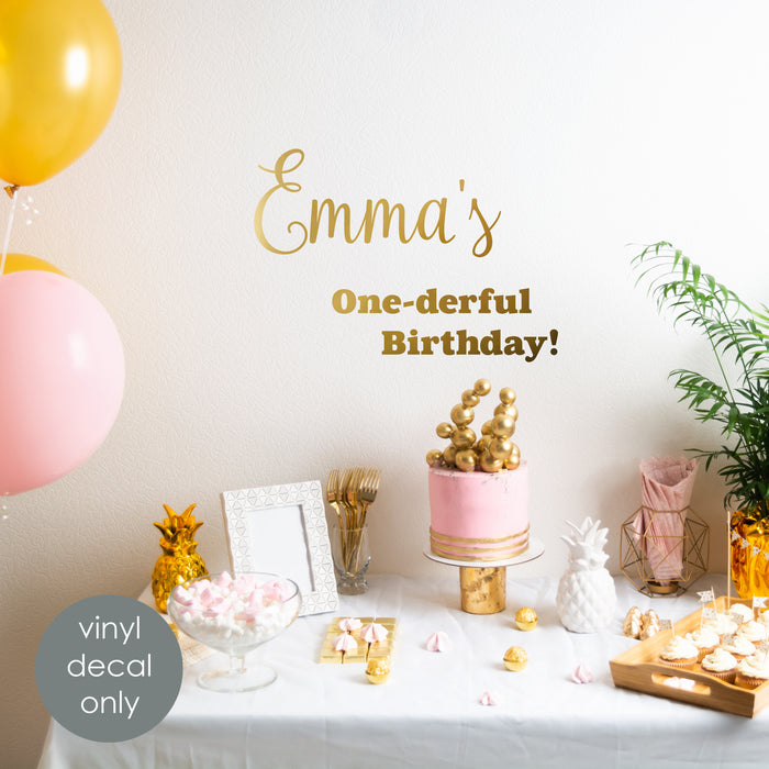 one-derful first birthday decal, party decoration, gold name color