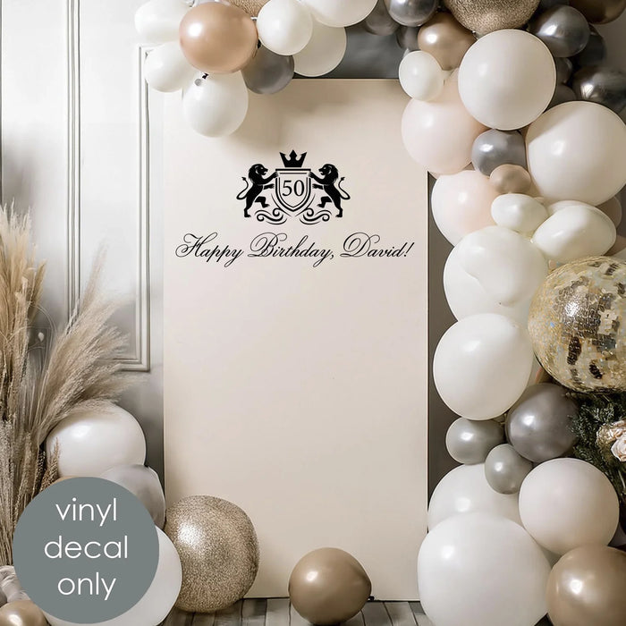 Happy Birthday & 50th Anniversary Personalized Vinyl Decal – Custom Name & Age Celebration Decor Heraldic Lions w79