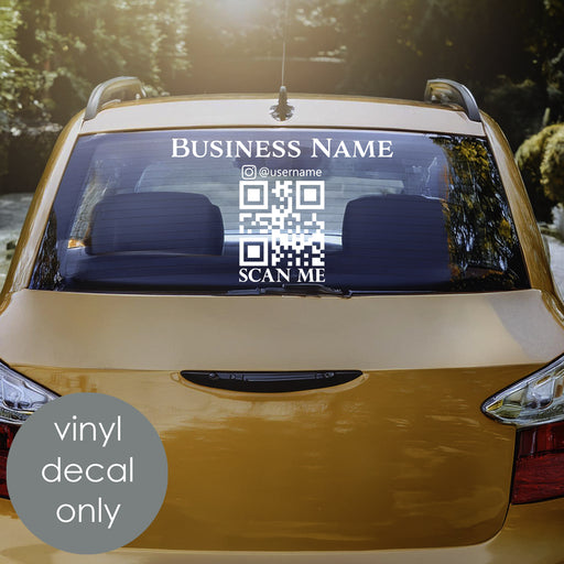 white personalized business name and qr code with scan me words decal on car window