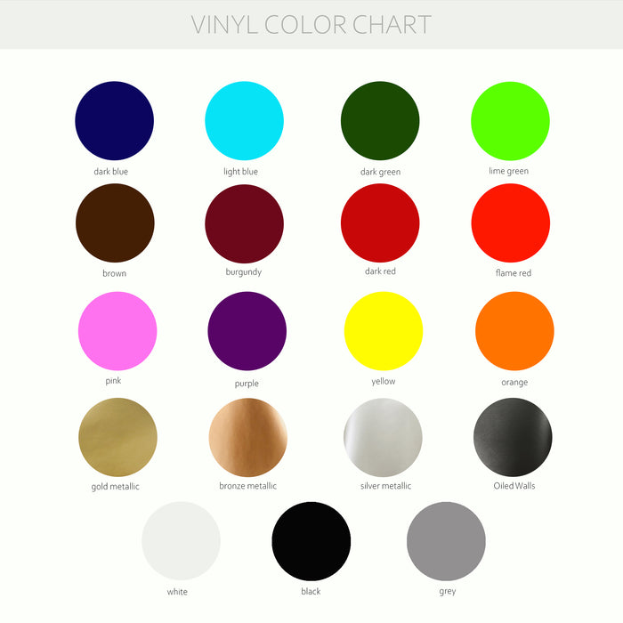 list of available colors - Black, Dark Blue, Light Blue, Dark Green, Lime Green, Brown, Burgundy, Dark Red, Flame Red, Pink, Purple, Yellow, Orange, Gold Metallic, Silver Metallic, Matte Black, Gray, White