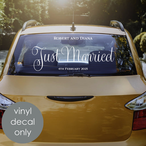just married wedding car decal, honeymoon car sticker, personalized decor, custom names and date