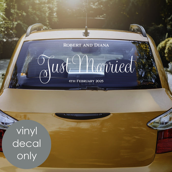 just married wedding car decal, honeymoon car sticker, personalized decor, custom names and date