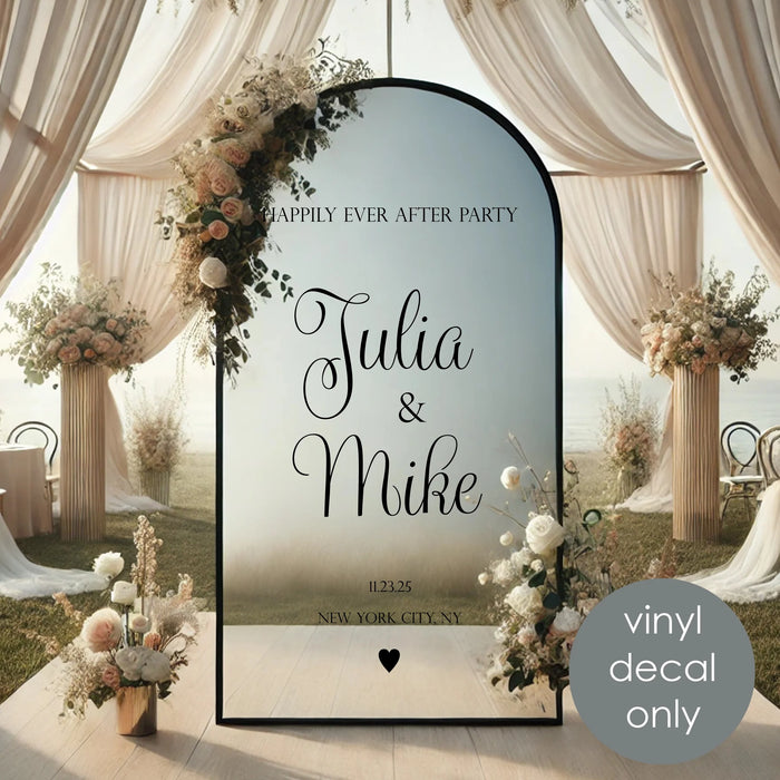 Happily Ever After Party Wedding sign, custom names, date and location, black decal on mirror, outdoor party theme