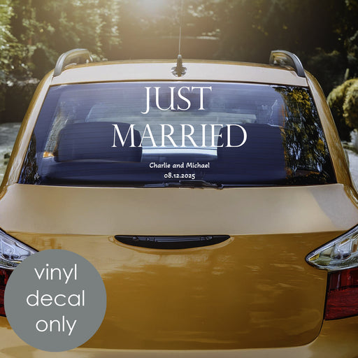 just married personalized decal, custom name and date, car window wedding sticker