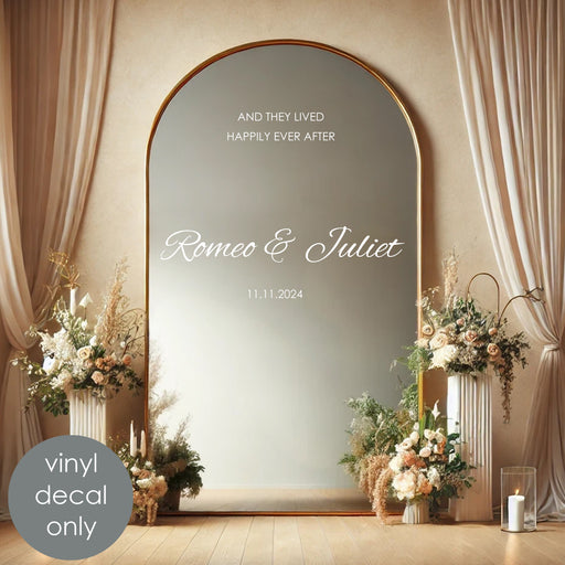 And They Lived Happily Ever After Decal Bride & Groom’s Names wedding decor, white decal on mirror