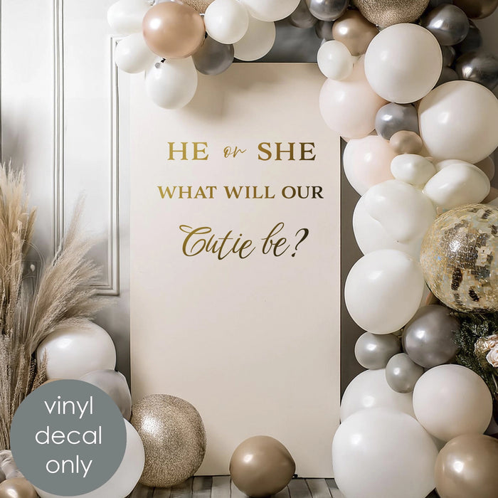 He or She, What Will Our Cutie Be? Vinyl Decal – Gender Reveal Party Decor Backdrop Decoration w036