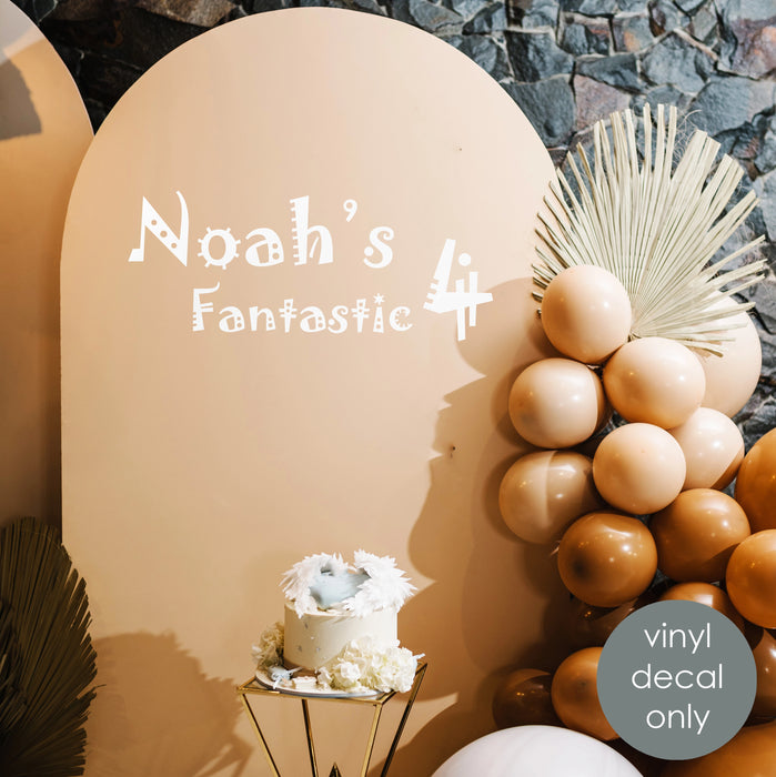 fourth birthday personalized decal, white name, backdrop decoration