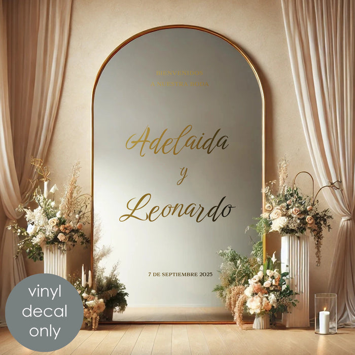 Bienvenidos a Nuestra Boda Personalized Vinyl Decal, mexican wedding theme, gold metallic decal on mirror