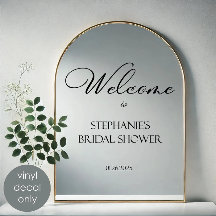 Personalized Bridal Shower Welcome sign, black decal on mirror