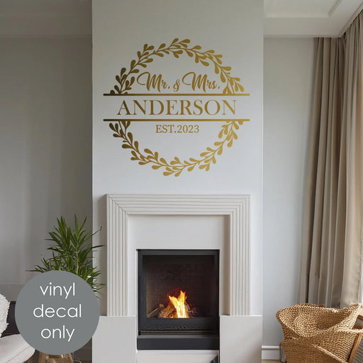 Mr. & Mrs. Personalized Last Name, gold metallic decal on wall