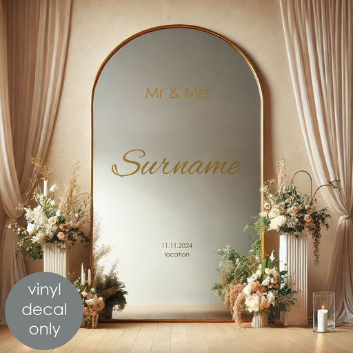 Mr & Mrs Personalized Last Name Wedding Decal, gold metallic on mirror