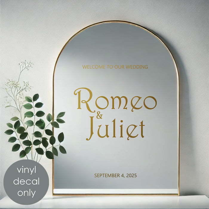 Wedding Mirror Decal for Reception, gold metallic decal on arch mirror