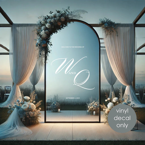 Monogram Welcome Wedding Decal, outdoor evening scene, white decal on mirror