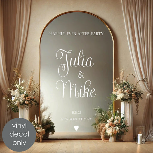Happily Ever After Party Wedding sign, custom names, date and location, white decal on mirror