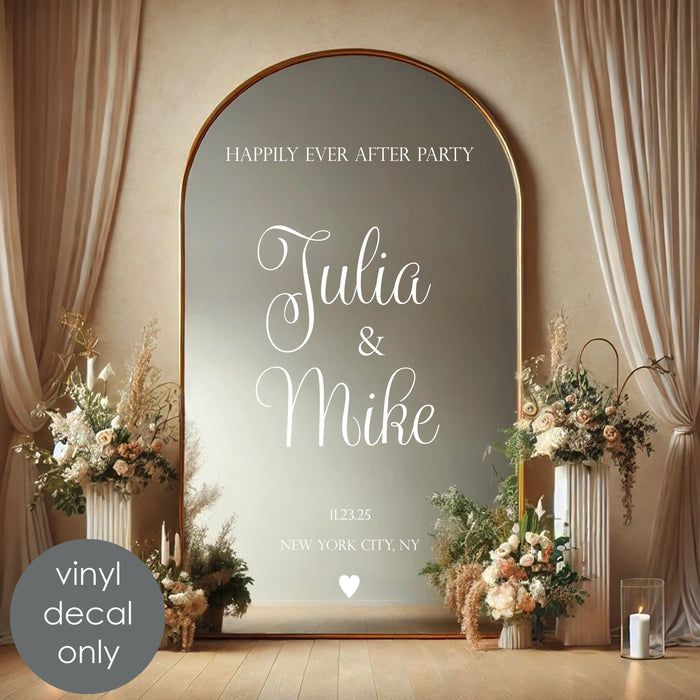 Happily Ever After Party Wedding sign, custom names, date and location, white decal on mirror