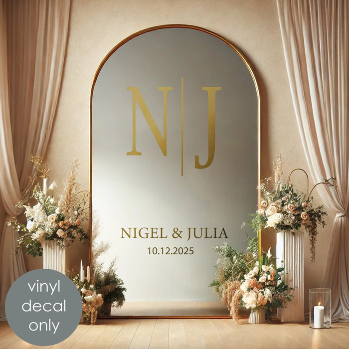 Monogram Bride & Groom Personalized Wedding Vinyl sign, gold metallic decal on arch mirror