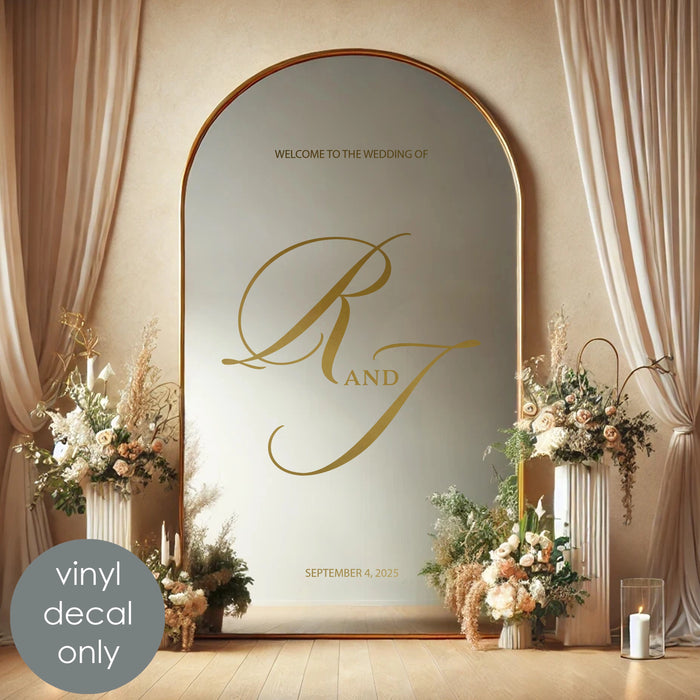 Monogram Welcome Wedding Decal, gold metallic decal on mirror