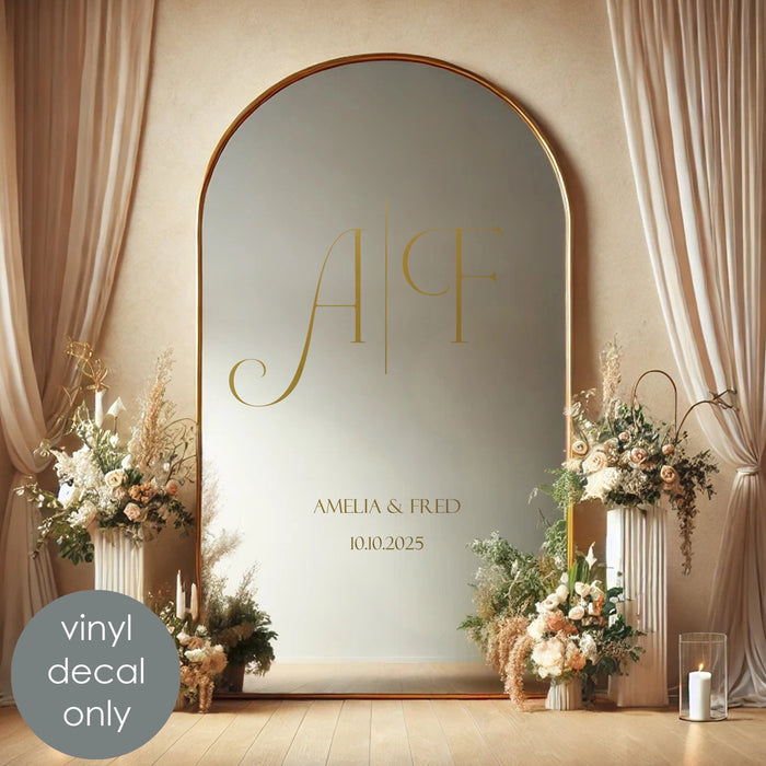 Personalized Wedding Decor Monogram Vinyl sign– Custom Bride & Groom Names, Initials & Date, gold metallic decal on mirror,