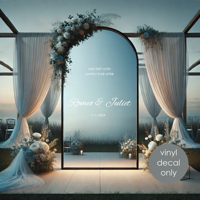 And They Lived Happily Ever After Decal Bride & Groom’s Names, white decal on mirror, outdoor wedding evening scene