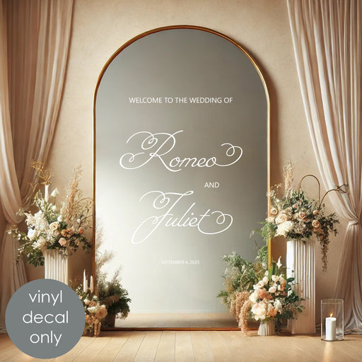 Welcome Mirror Decal for Wedding Decor, white decal on mirror