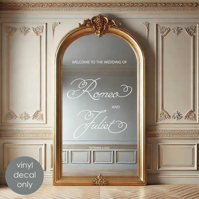Welcome Mirror Decal for Wedding Decor, white decal on big selfie mirror