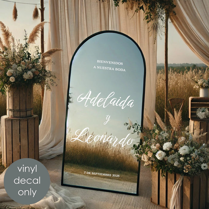 Bienvenidos a Nuestra Boda Personalized Vinyl Decal, mexican wedding theme, white decal on mirror