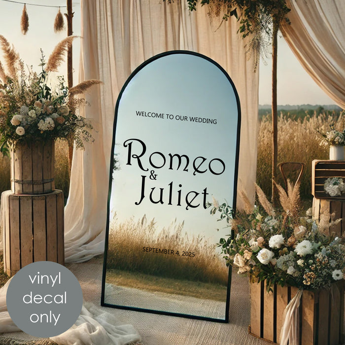 Wedding Mirror Decal for Reception, black decal on mirror, outdoor celebration scene