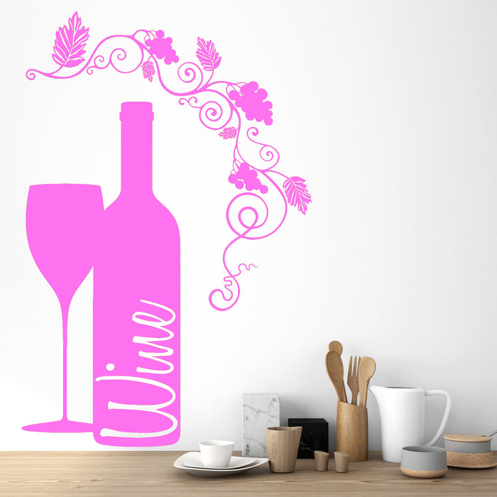 Vinyl Wall Decal Wine Bottle Glass Grape Alcohol Bar Stickers Unique Gift (ig4232)
