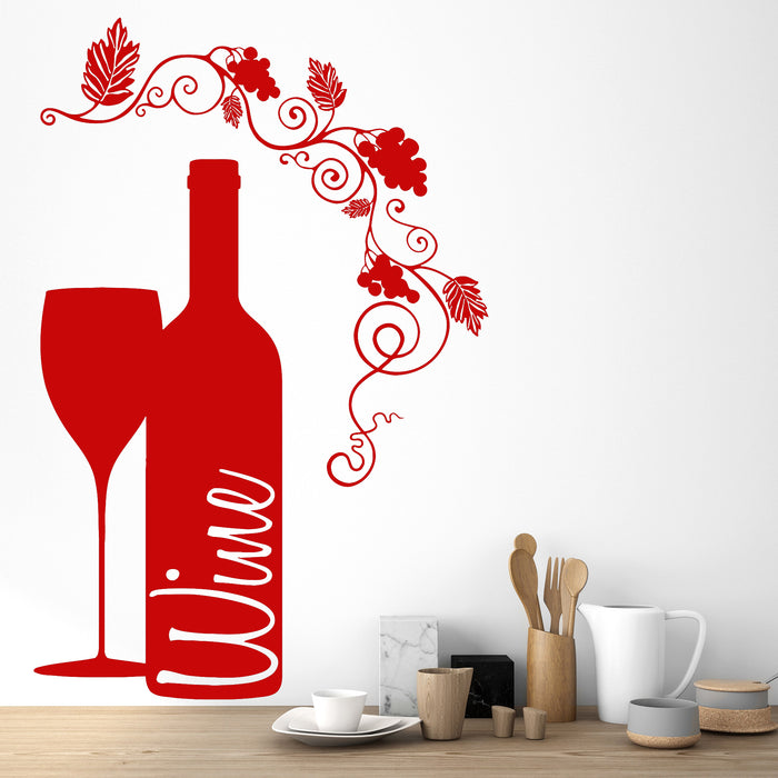Vinyl Wall Decal Wine Bottle Glass Grape Alcohol Bar Stickers Unique Gift (ig4232)