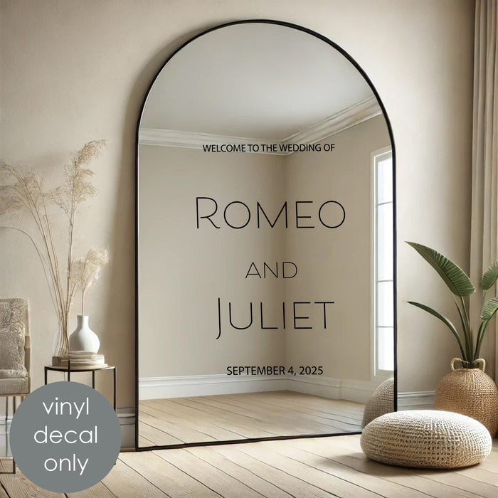 Welcome Wedding Custom Sign Mirror Decal, indoor scene, black decal on mirror