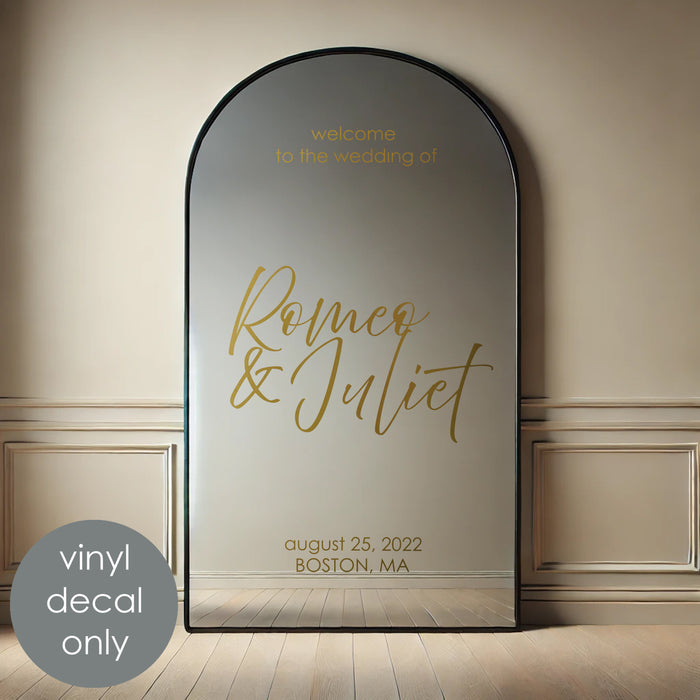 Personalized Welcome To The Wedding Sign Mirror Decal, gold metallic color
