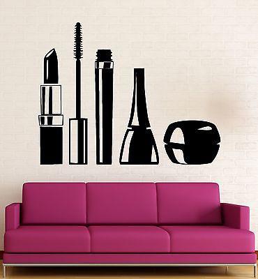 Vinyl Decal Wall Sticker Mascara Lipstick Cosmetics Makeup Girl Woman Decor for Beauty Salon Unique Gift (ig2423)