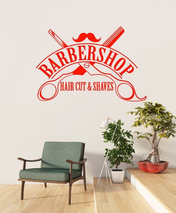 Vinyl Wall Decal Barbershop Hair Cut Shaves Scissors Stickers Mural Unique Gift (ig4394)