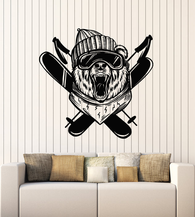 Vinyl Wall Decal Bear Head Skier Snowboard Ski Resort Emblem Stickers Mural (g7432)