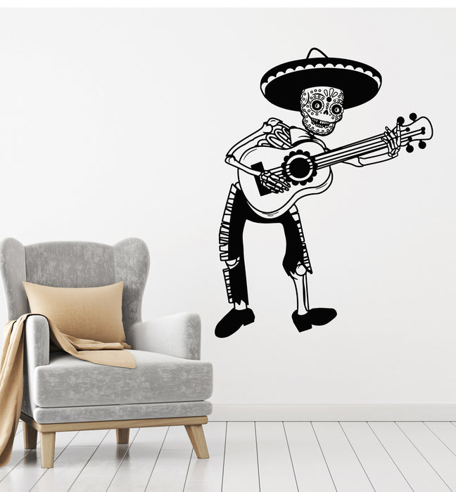 Vinyl Wall Decal Mexican Skull Skeleton With Guitar Day Of The Dead Stickers Mural (g5276)