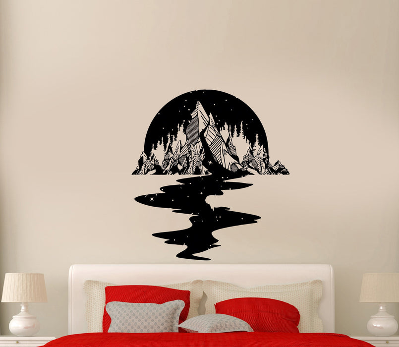 Wall Decal Night Sky Mountains Stars River Reflection Forest Trees Vinyl Sticker (ed933)