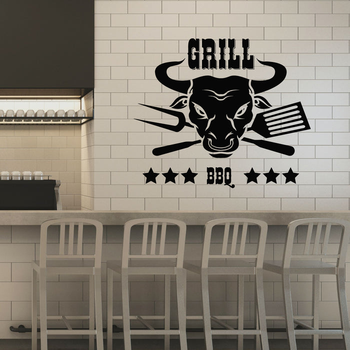 Vinyl Wall Decal Grill Menu BBQ Bull Fresh Meat Steak Kitchen Stickers Mural (g8349)