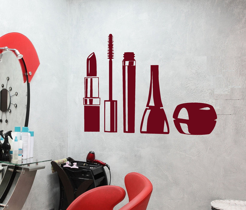 Vinyl Decal Wall Sticker Mascara Lipstick Cosmetics Makeup Girl Woman Decor for Beauty Salon Unique Gift (ig2423)
