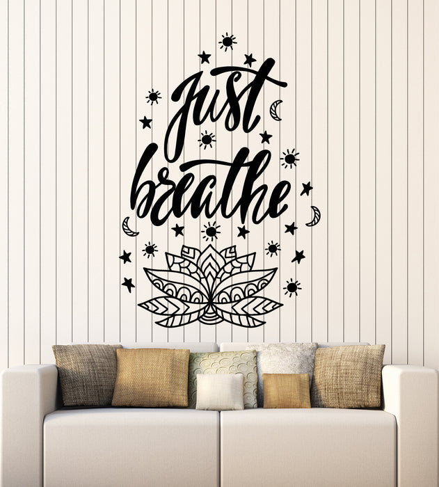 Vinyl Wall Decal Just Breathe Yoga Bedroom Art Inspiring Phrase Flower Stickers Mural (g2649)