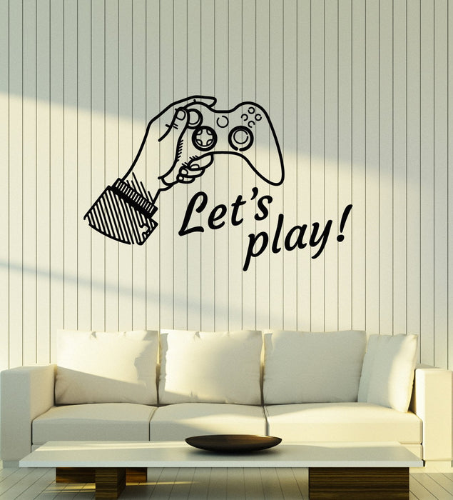 Vinyl Wall Decal Let's Play Phrase Quote Video Games Joystick Gaming Art Stickers Mural (ig5523)