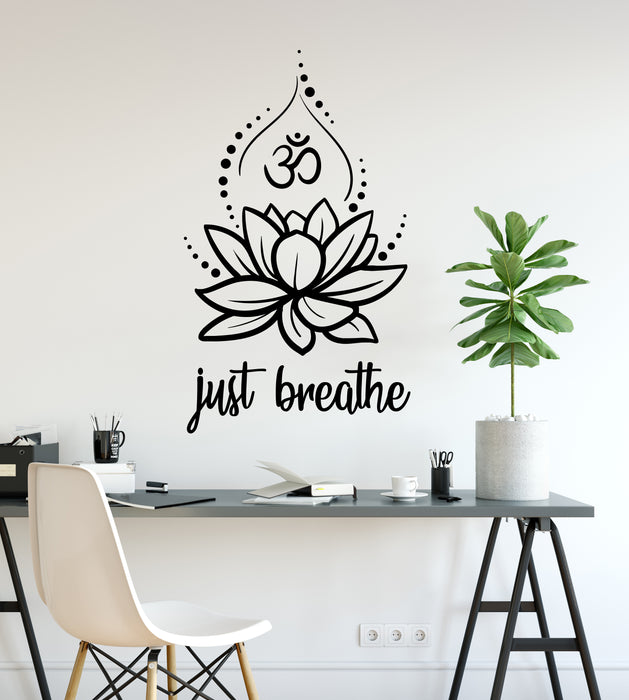 Vinyl Wall Decal Just Breathe Lotus Flower Om Yoga Hindusim Relax Spa Stickers Mural (ig6201)