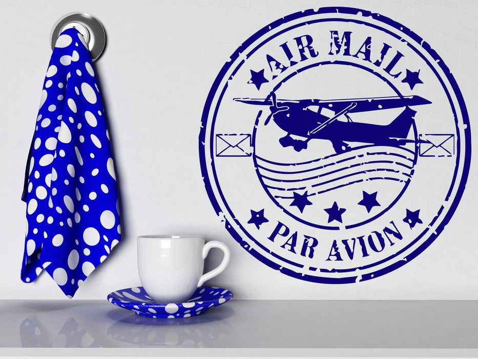 Vinyl Decal Par Avion Airmail French Paris Grunge Style Rubber Post Stamp Philatelist Airplane Wall Decor Mural Art Sticker Unique Gift (m606)