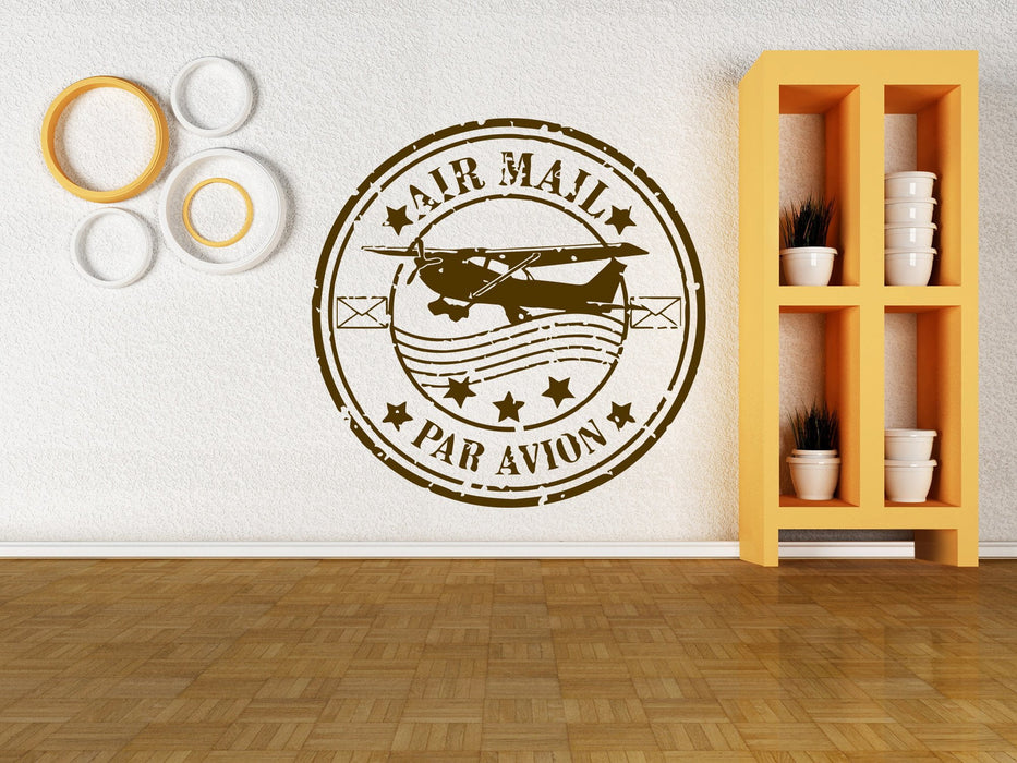 Vinyl Decal Par Avion Airmail French Paris Grunge Style Rubber Post Stamp Philatelist Airplane Wall Decor Mural Art Sticker Unique Gift (m606)