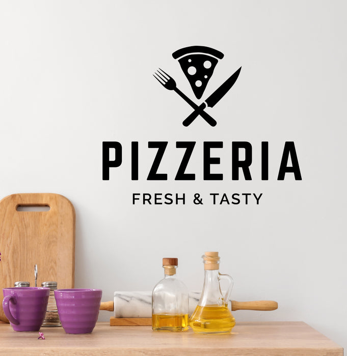 Pizzeria Vinyl Wall Decal Fast Food Lettering Slice of Pizza Knife Fork Stickers Mural (k304)